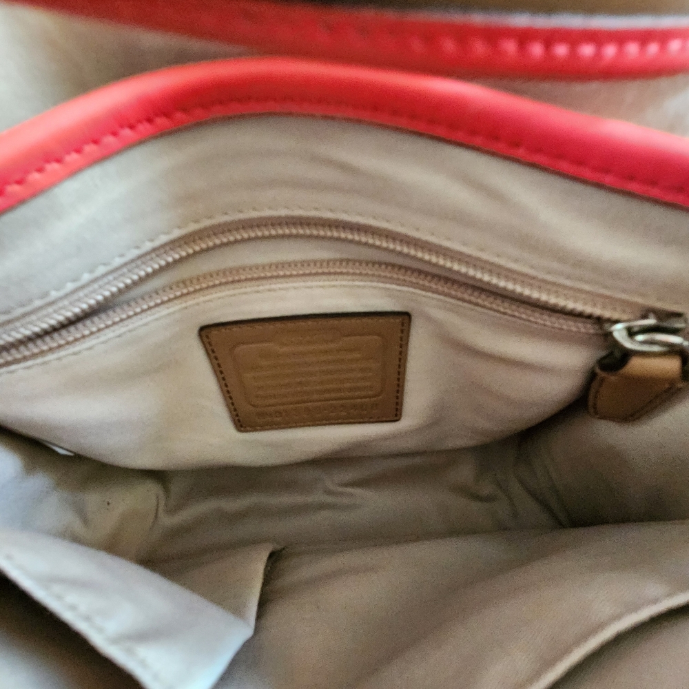Coach Rambler Tan & Coral Leather Flap Shoulder Bag - Picture 12 of 14